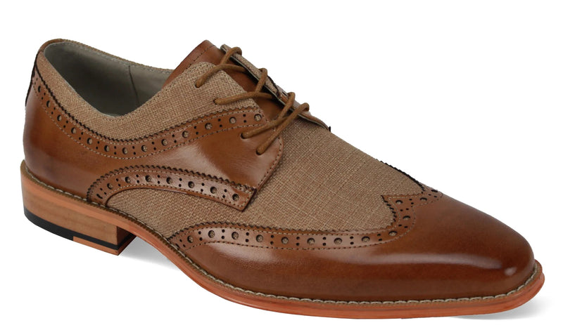 Leather Linen Brogue Wingtips - Tan