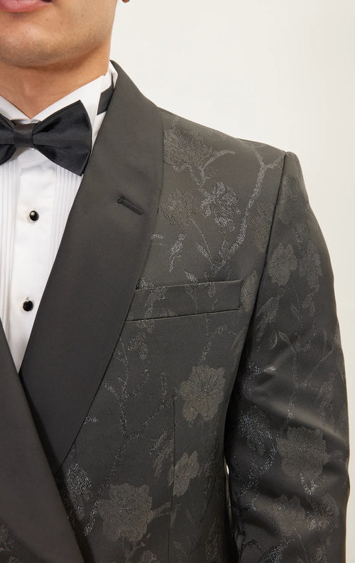 Double Breasted Floral Jacquard Tuxedo - Black