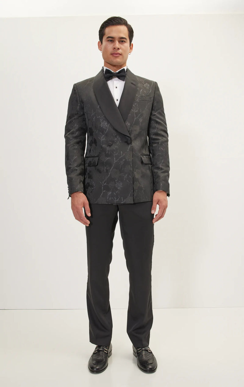 Double Breasted Floral Jacquard Tuxedo - Black