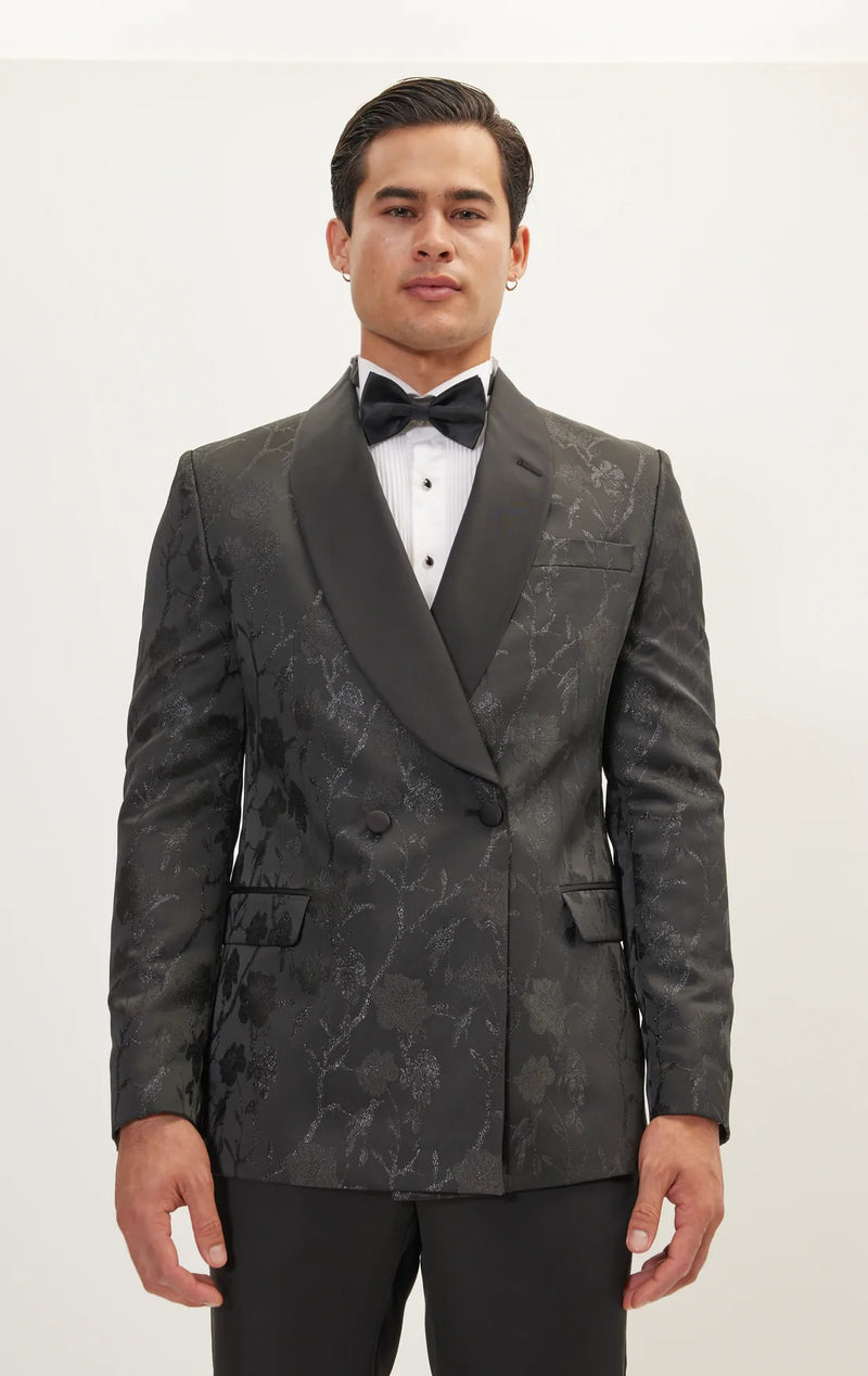 Double Breasted Floral Jacquard Tuxedo - Black