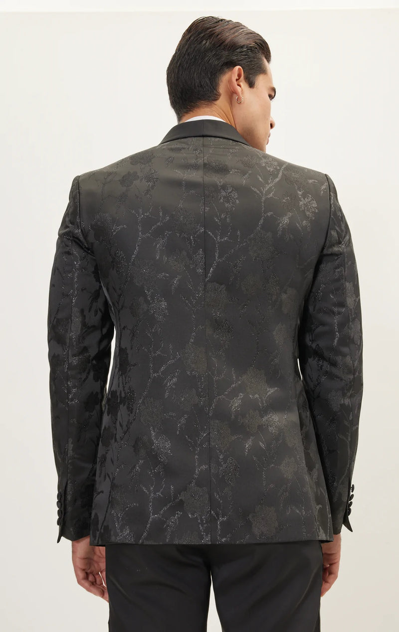 Double Breasted Floral Jacquard Tuxedo - Black