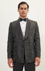 Double Breasted Floral Jacquard Tuxedo - Black