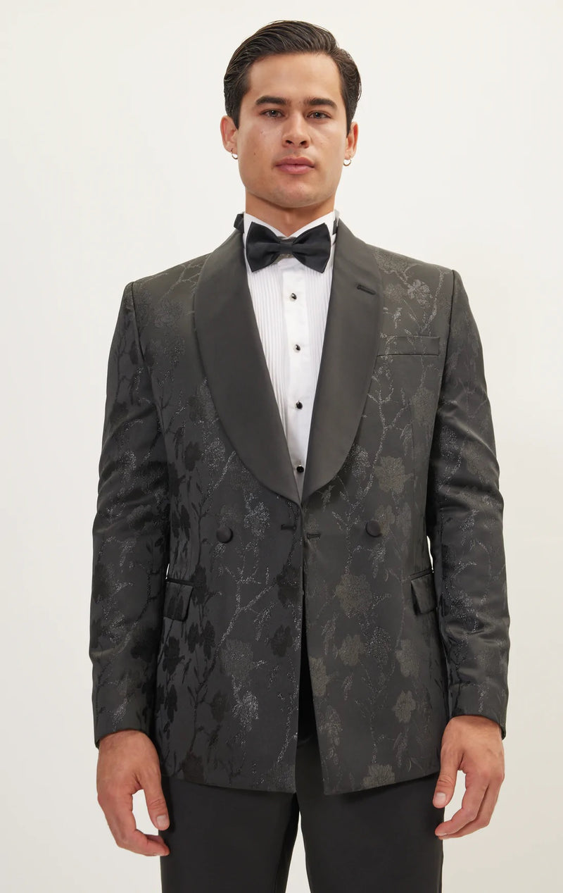 Double Breasted Floral Jacquard Tuxedo - Black