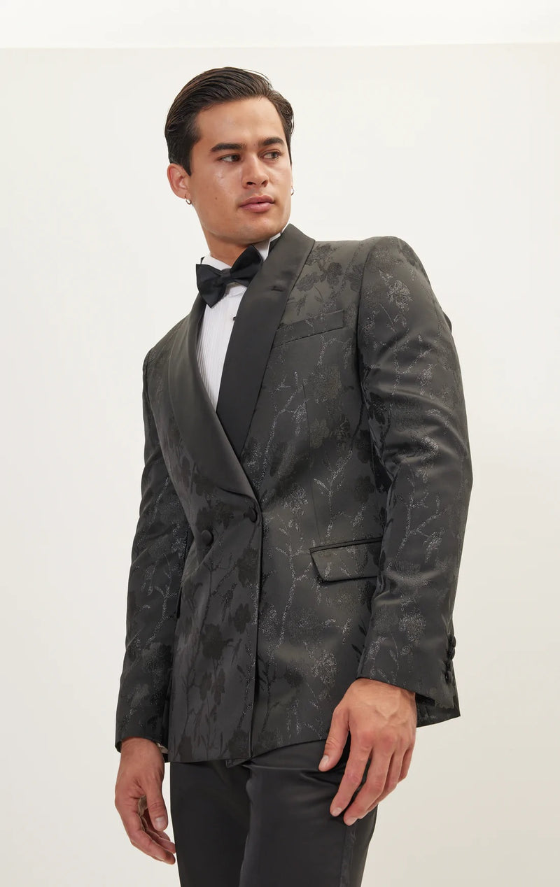 Double Breasted Floral Jacquard Tuxedo - Black